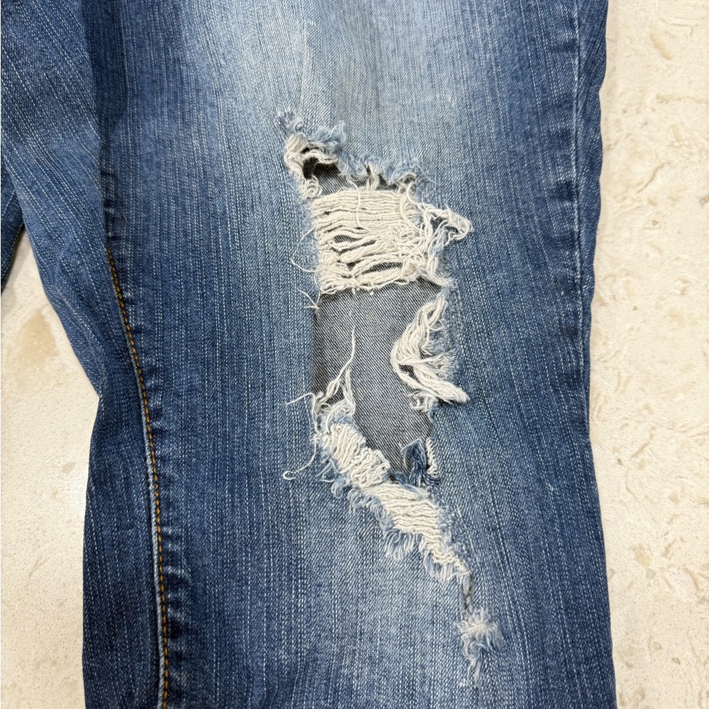 Torrid Medium Blue Distressed Button-Fly Capris - image 4